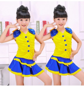 Yellow and royal blue patchwork v neck  girls kids children toddlers performance cos play modern dance cheer leading school play jazz outfits dance wear
